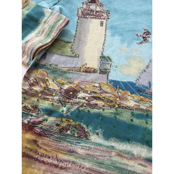 Take Two vintage 3/4 sleeve shirt cotton lighthouse sequins sailboats coastal L - Picture 5 of 16